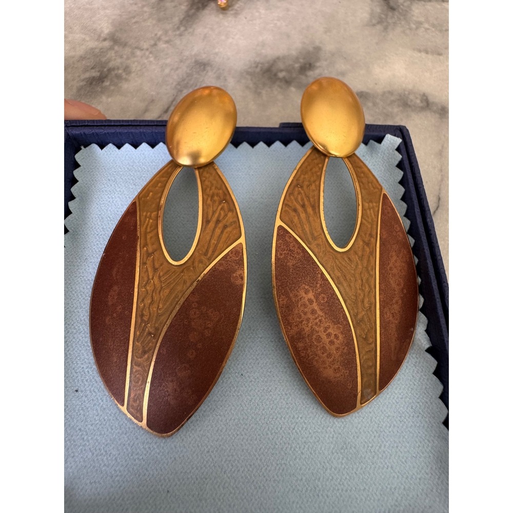 Vintage Edgar Berebi Gold Tone Brown Enamel Teardrop Statement Post Earrings